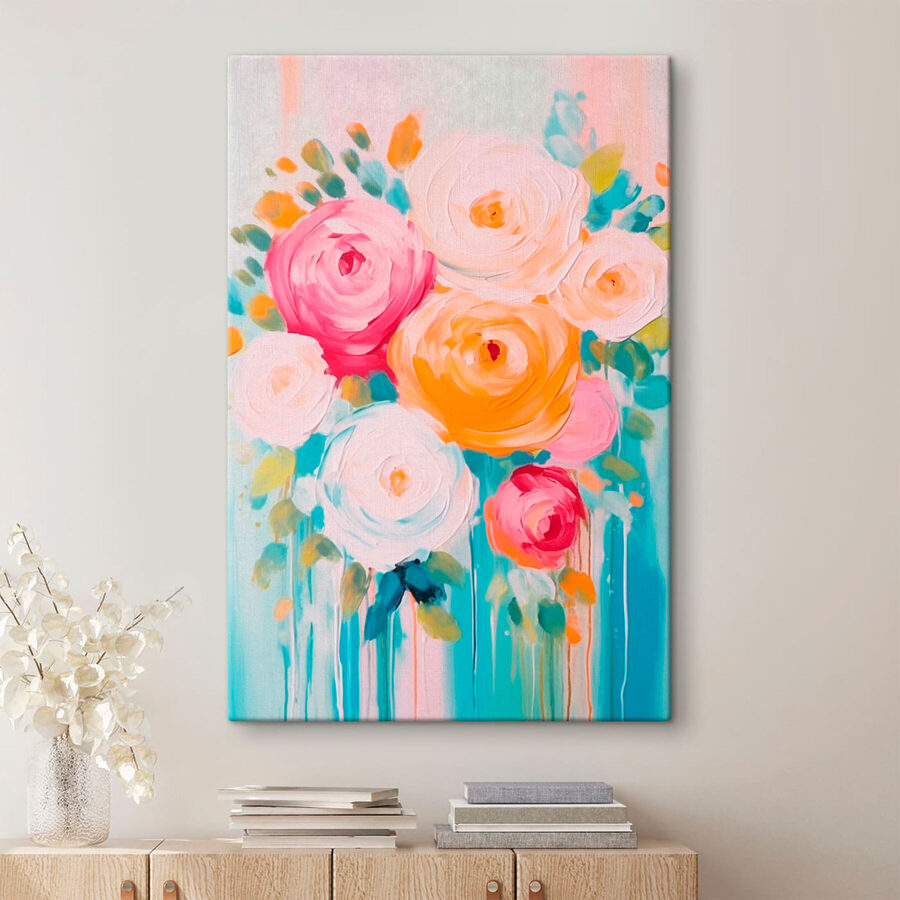 Malerei von Blumen auf einer blauen Fläche Malerei von Blumen auf einer blauen Fläche