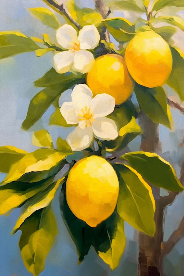 Gemälde von Zitronen und Blumen auf einem Baum Gemälde von Zitronen und Blumen auf einem Baum