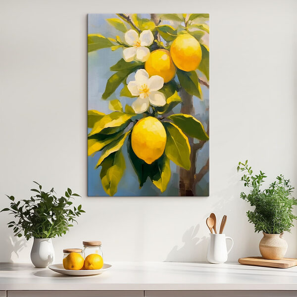 Gemälde von Zitronen und Blumen auf einem Baum Gemälde von Zitronen und Blumen auf einem Baum