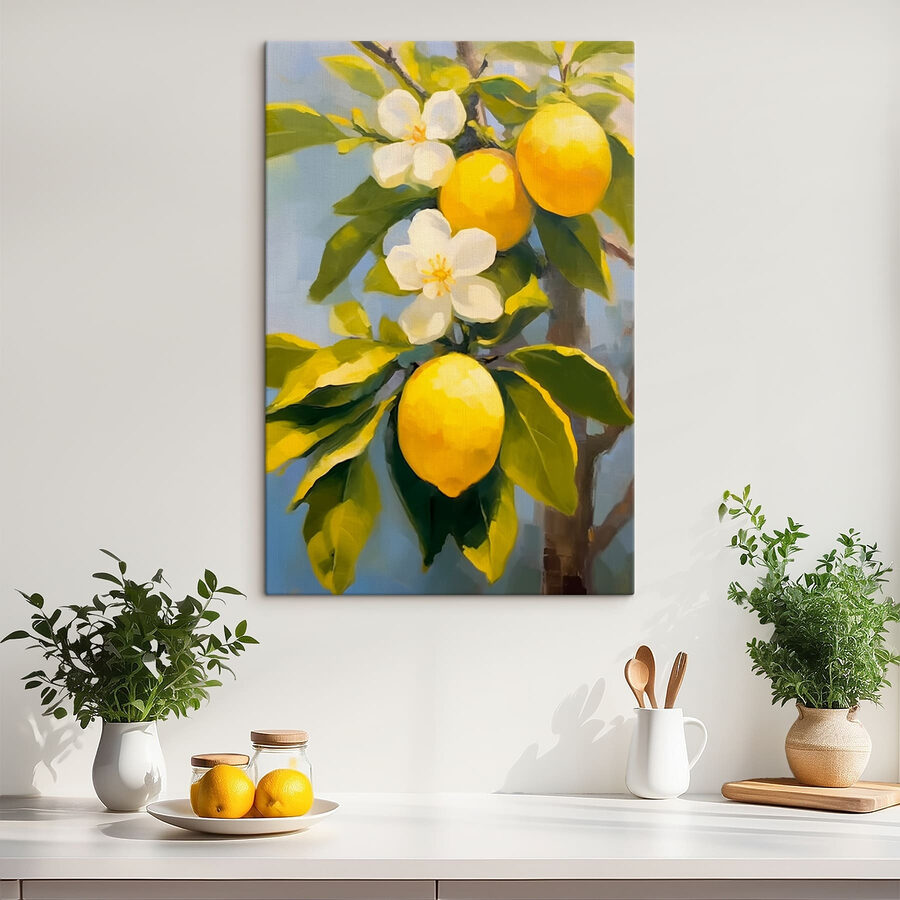 Gemälde von Zitronen und Blumen auf einem Baum