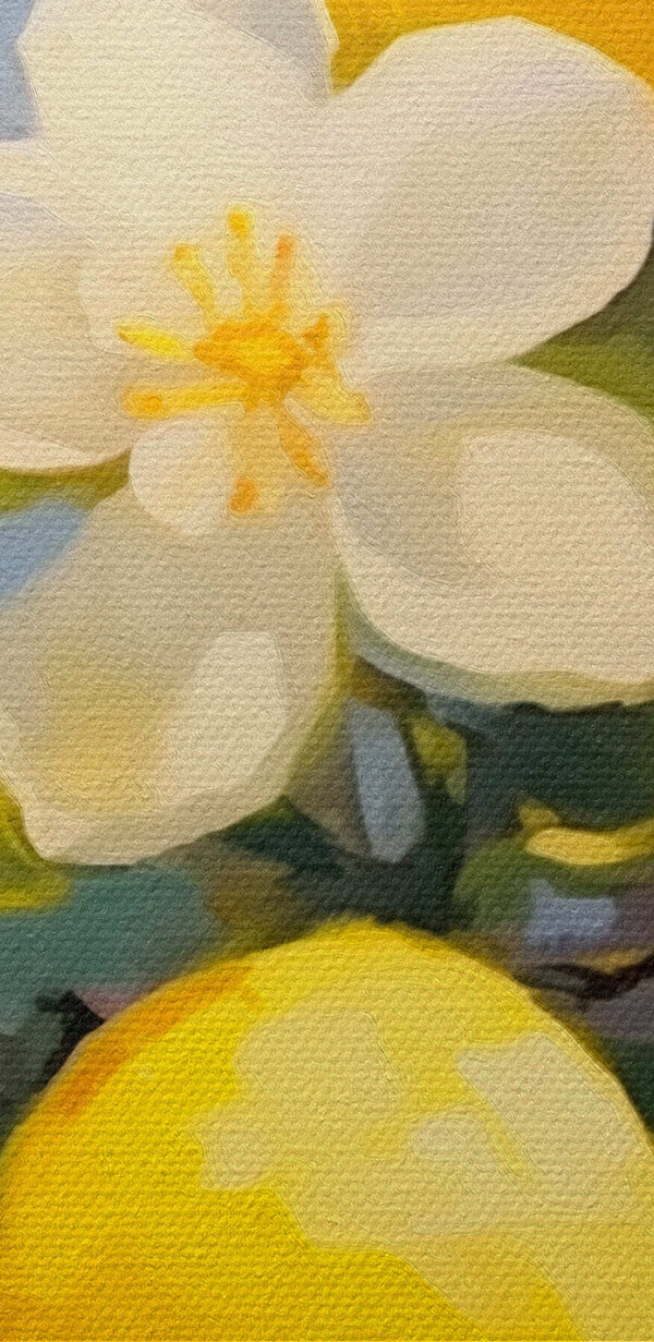 Gemälde von Zitronen und Blumen auf einem Baum Gemälde von Zitronen und Blumen auf einem Baum