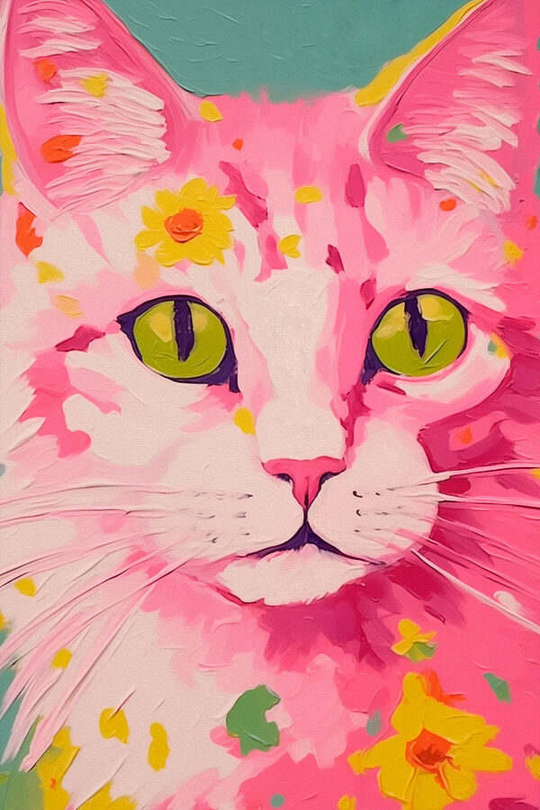 Gemälde einer Katze mit Blumen darauf Gemälde einer Katze mit Blumen darauf