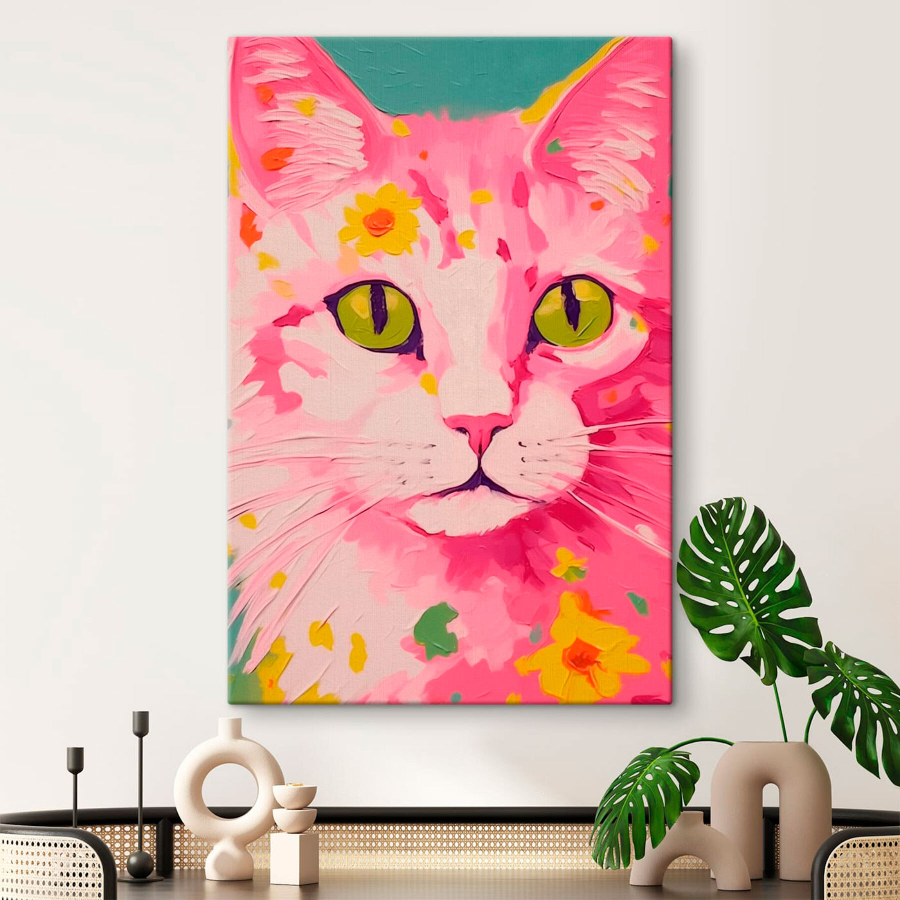 Painting of a cat with flowers on it Painting of a cat with flowers on it