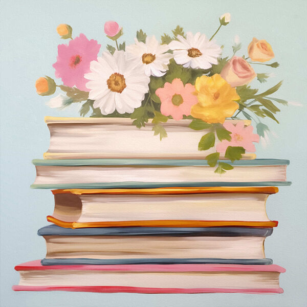 Gemälde eines Stapels von Büchern mit Blumen obenauf Gemälde eines Stapels von Büchern mit Blumen obenauf