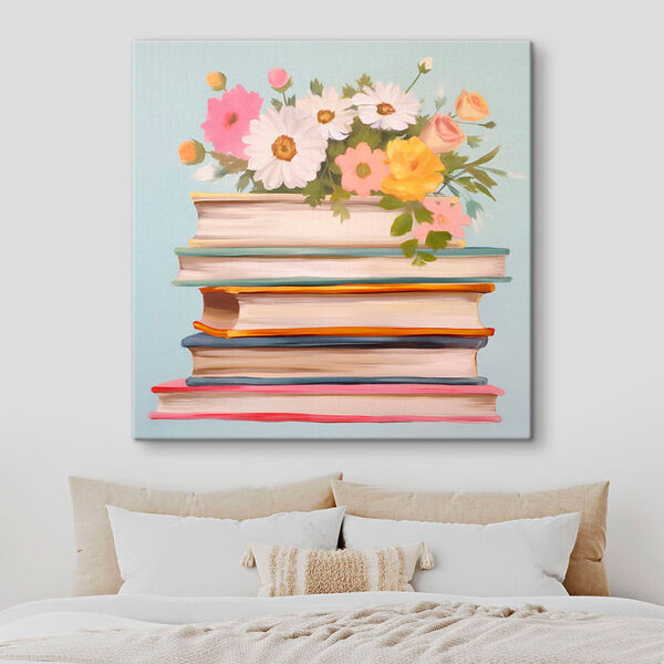 Gemälde eines Stapels von Büchern mit Blumen obenauf Gemälde eines Stapels von Büchern mit Blumen obenauf
