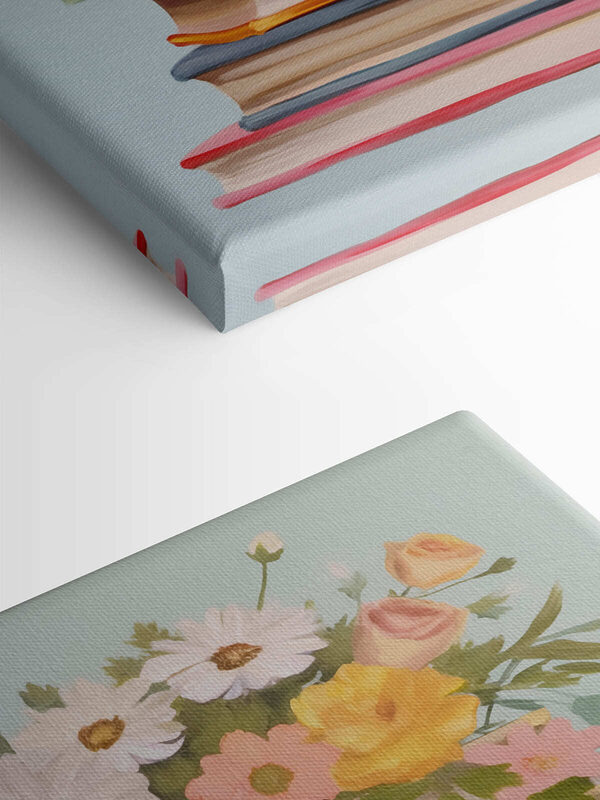Gemälde eines Stapels von Büchern mit Blumen obenauf Gemälde eines Stapels von Büchern mit Blumen obenauf