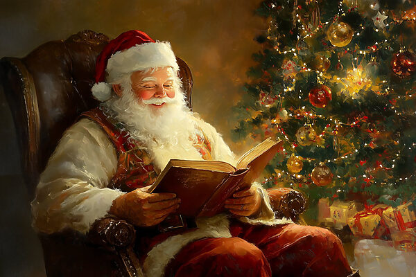 Gemälde eines Weihnachtsmannes, der ein Buch liest Gemälde eines Weihnachtsmannes, der ein Buch liest