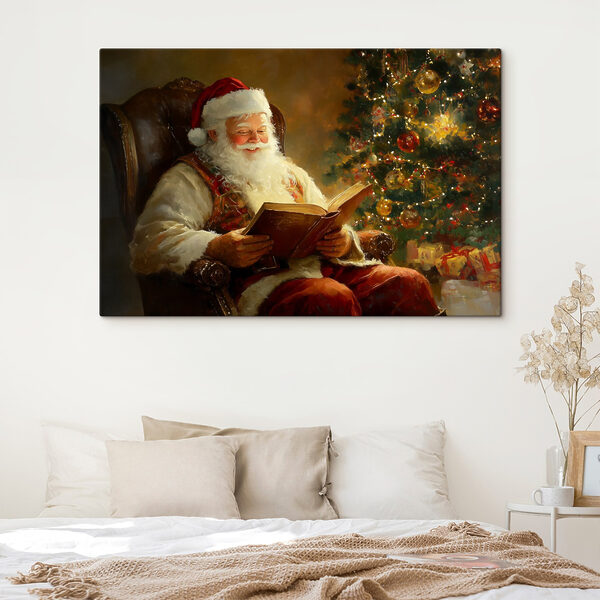Gemälde eines Weihnachtsmannes, der ein Buch liest Gemälde eines Weihnachtsmannes, der ein Buch liest