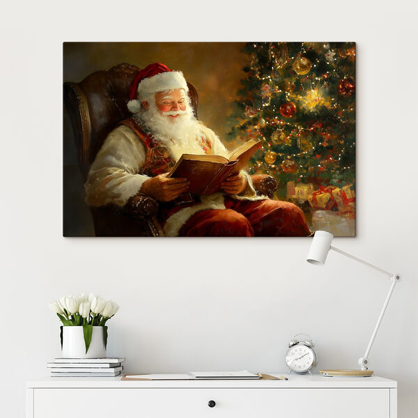 Gemälde eines Weihnachtsmannes, der ein Buch liest Gemälde eines Weihnachtsmannes, der ein Buch liest