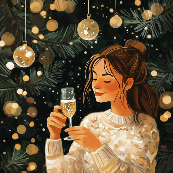 Frau hält ein Glas Champagner unter einem Weihnachtsbaum Frau hält ein Glas Champagner unter einem Weihnachtsbaum