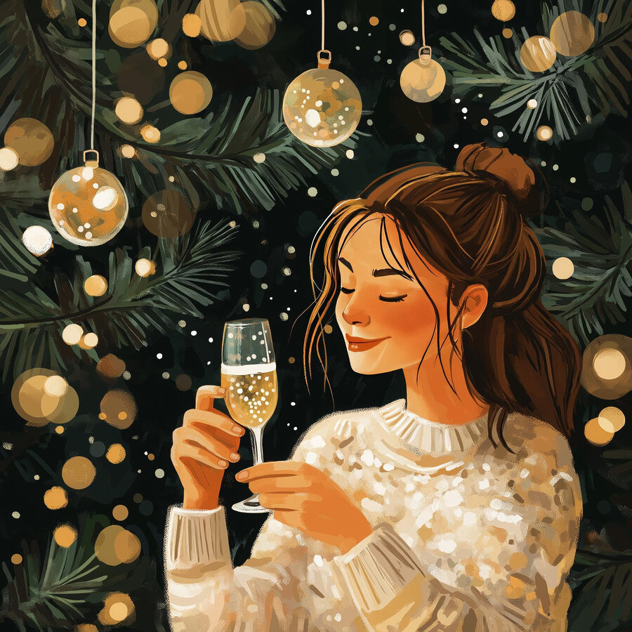 Frau hält ein Glas Champagner unter einem Weihnachtsbaum Frau hält ein Glas Champagner unter einem Weihnachtsbaum