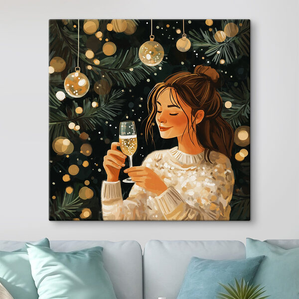 Frau hält ein Glas Champagner unter einem Weihnachtsbaum Frau hält ein Glas Champagner unter einem Weihnachtsbaum