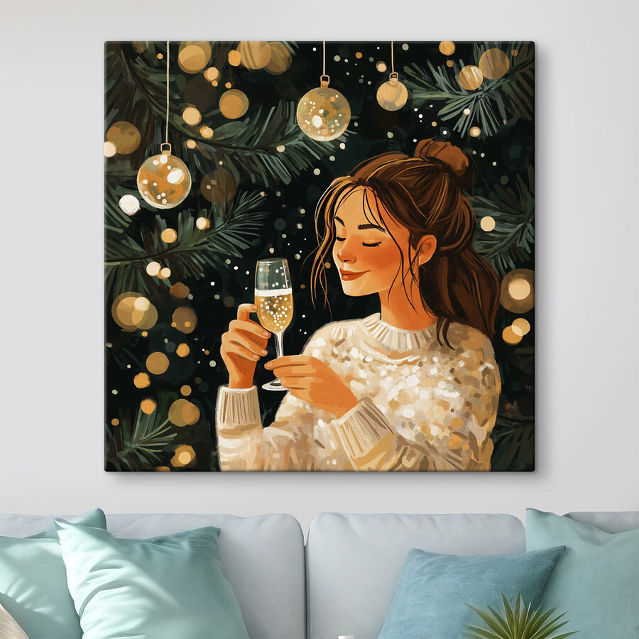Frau hält ein Glas Champagner unter einem Weihnachtsbaum Frau hält ein Glas Champagner unter einem Weihnachtsbaum