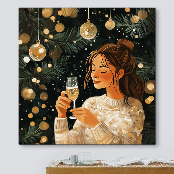 Frau hält ein Glas Champagner unter einem Weihnachtsbaum Frau hält ein Glas Champagner unter einem Weihnachtsbaum
