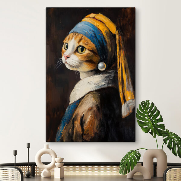 Gemälde einer Katze, die einen Perlenohrring trägt Gemälde einer Katze, die einen Perlenohrring trägt