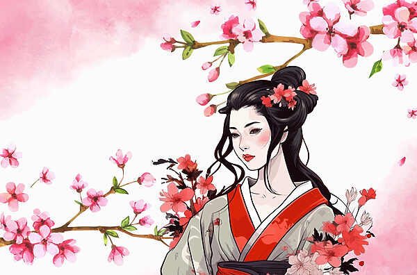 Frau im Kimono mit Blumen Frau im Kimono mit Blumen