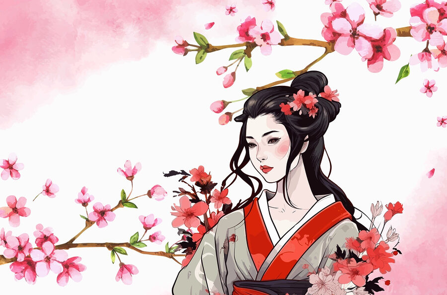 Frau im Kimono mit Blumen