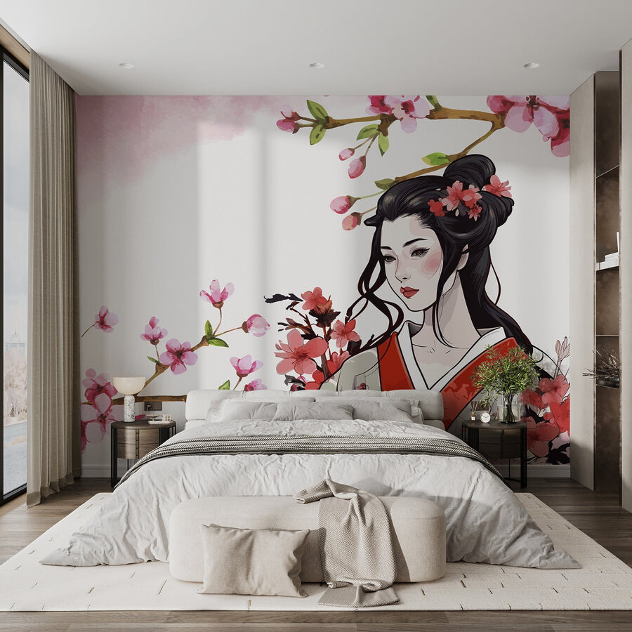 Frau im Kimono mit Blumen
