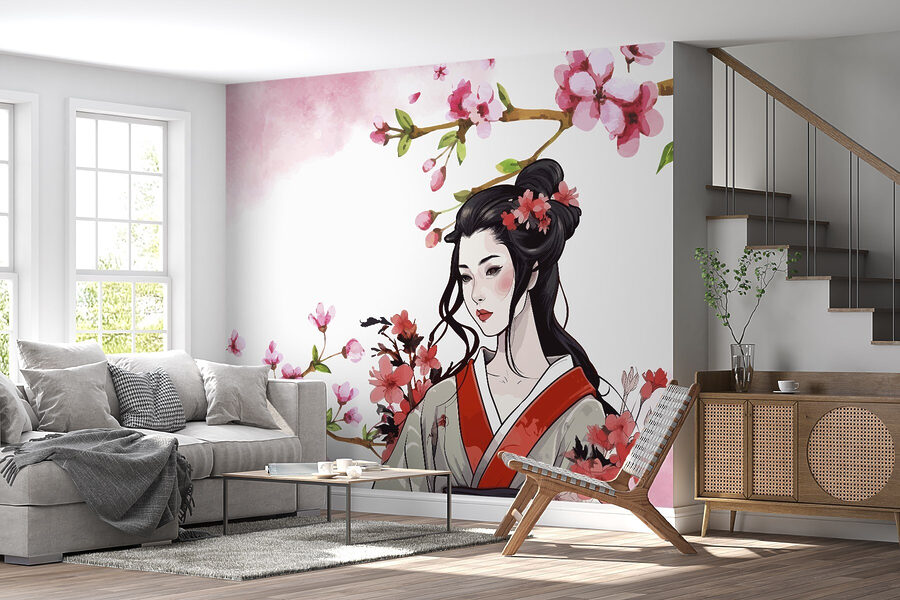 Frau im Kimono mit Blumen
