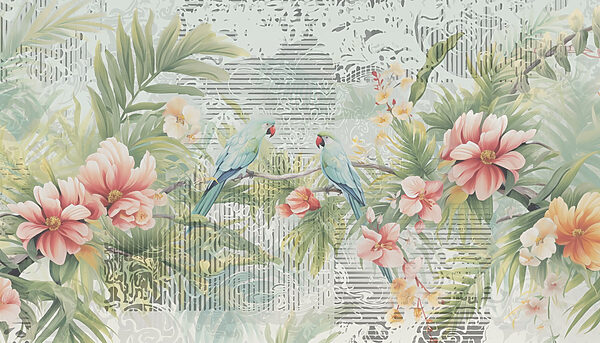 Vogel auf einem Zweig mit Blumen Vogel auf einem Zweig mit Blumen