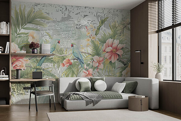Vogel auf einem Zweig mit Blumen Vogel auf einem Zweig mit Blumen