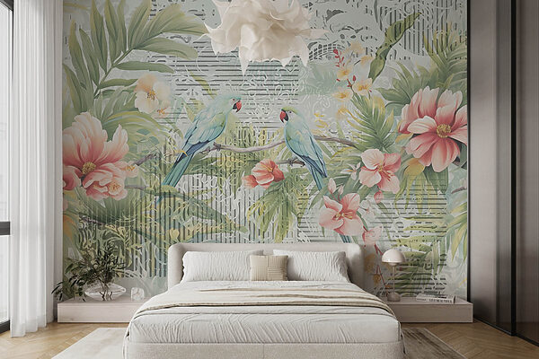 Vogel auf einem Zweig mit Blumen Vogel auf einem Zweig mit Blumen