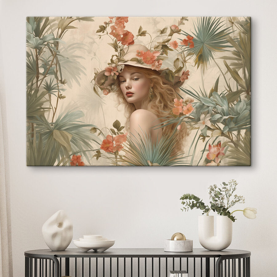 Frau mit Hut, umgeben von Blumen