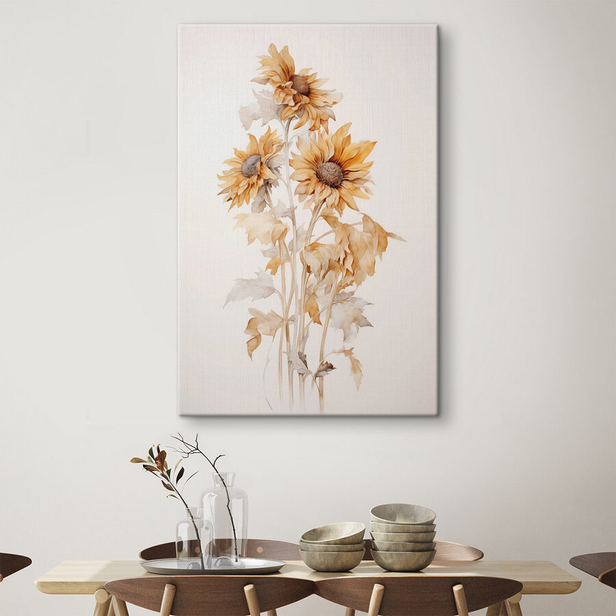 Wandbilder Gemälde von Sonnenblumen auf einem weißen Hintergrund