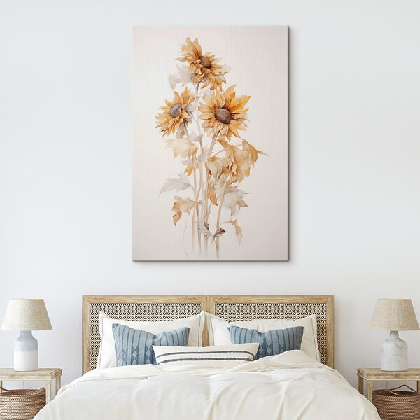 Gemälde von Sonnenblumen auf einem weißen Hintergrund Gemälde von Sonnenblumen auf einem weißen Hintergrund