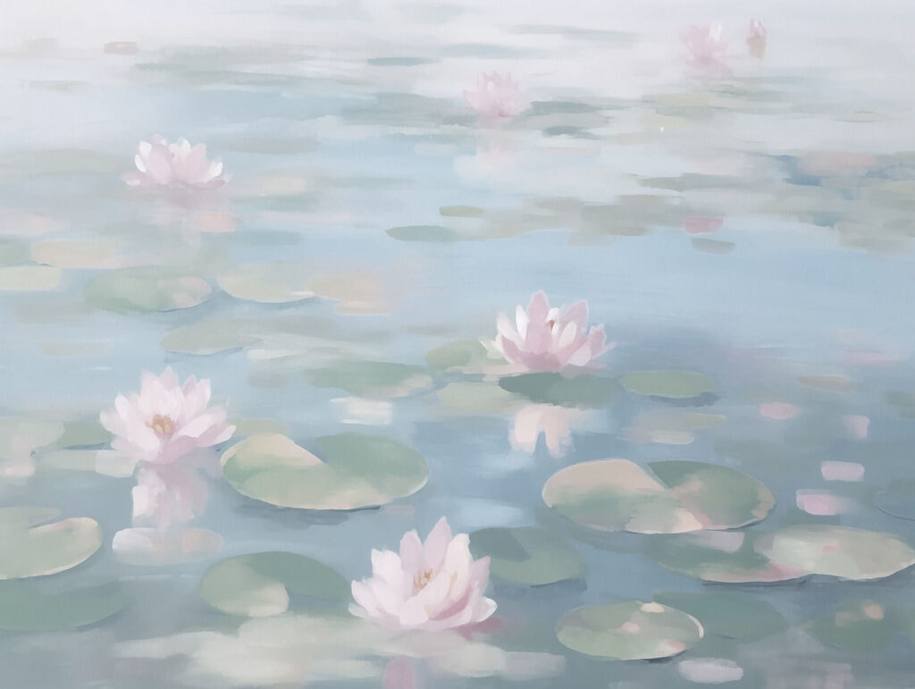 Wasser mit Seerosenblättern und rosa Blumen Wasser mit Seerosenblättern und rosa Blumen