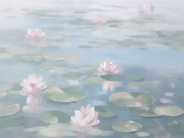Wasser mit Seerosenblättern und rosa Blumen Wasser mit Seerosenblättern und rosa Blumen