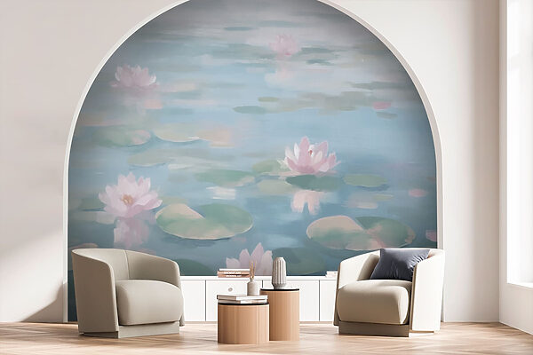 Wasser mit Seerosenblättern und rosa Blumen Wasser mit Seerosenblättern und rosa Blumen