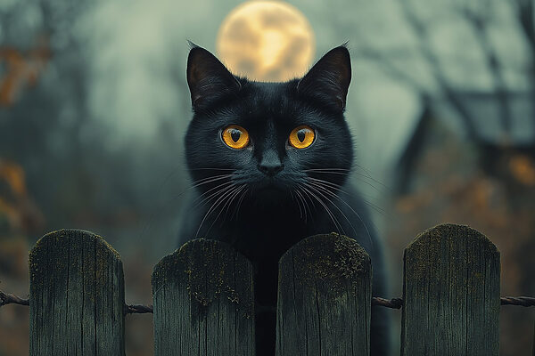 Schwarze Katze mit gelben Augen hinter einem Zaun Schwarze Katze mit gelben Augen hinter einem Zaun
