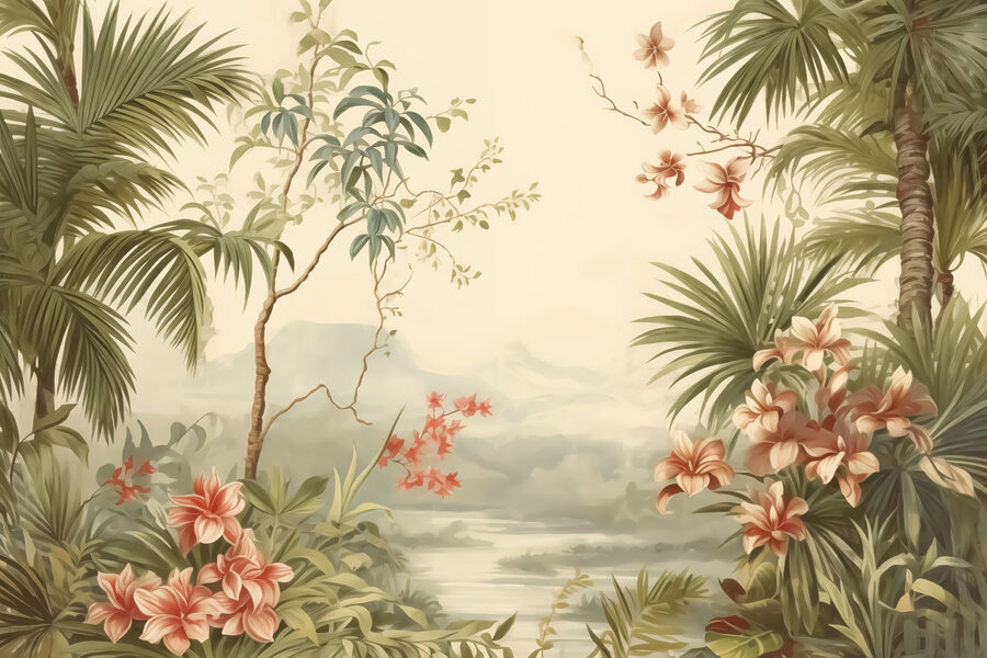 Tapete mit Blumen und Bäumen