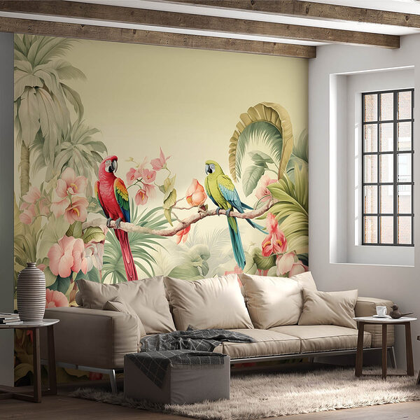 Papageienpaar auf einem Zweig mit Blumen Papageienpaar auf einem Zweig mit Blumen