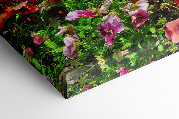 Blumenbeet mit Blumen und einem See im Hintergrund Blumenbeet mit Blumen und einem See im Hintergrund