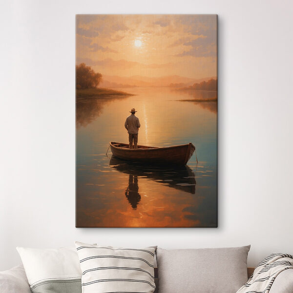 Mann steht in einem Boot auf einem See Mann steht in einem Boot auf einem See