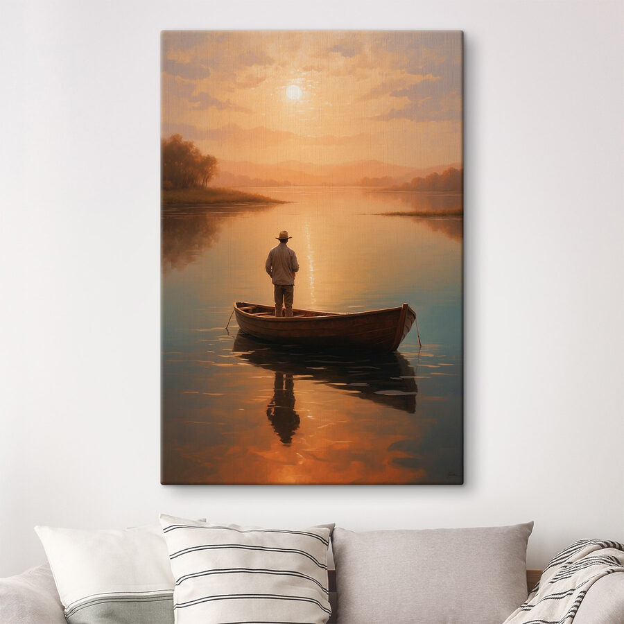 Mann steht in einem Boot auf einem See