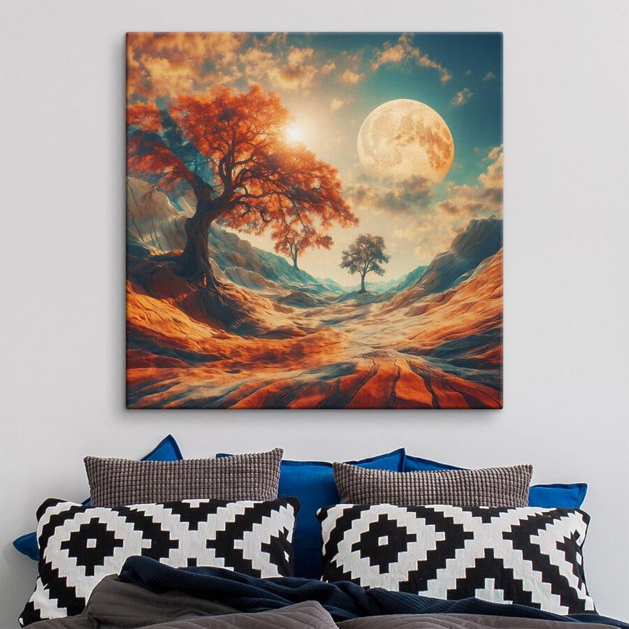 Landschaft mit Bäumen und Bergen und einem Mond