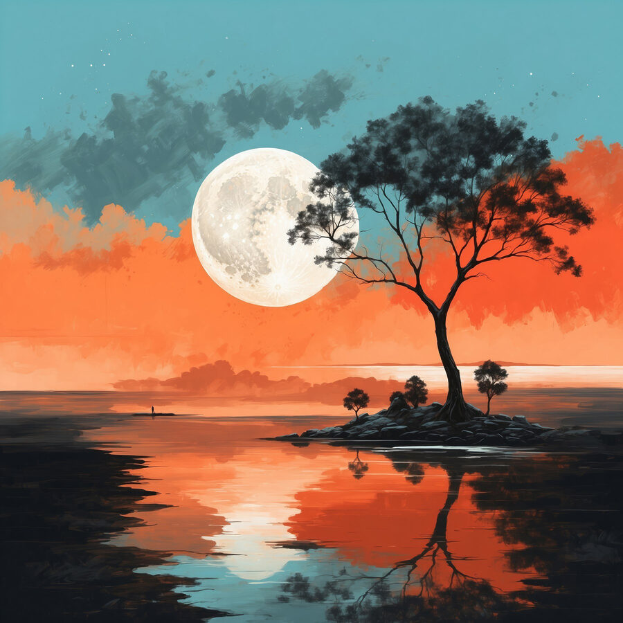 Baum auf einer Insel inmitten eines Gewässers mit Vollmond im Hintergrund