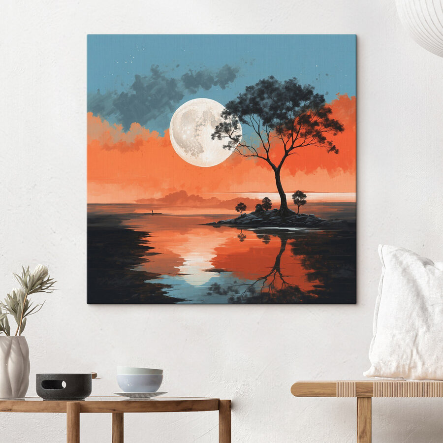 Baum auf einer Insel inmitten eines Gewässers mit Vollmond im Hintergrund
