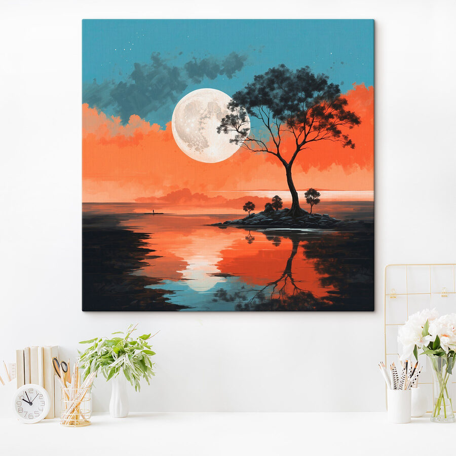 Baum auf einer Insel inmitten eines Gewässers mit Vollmond im Hintergrund