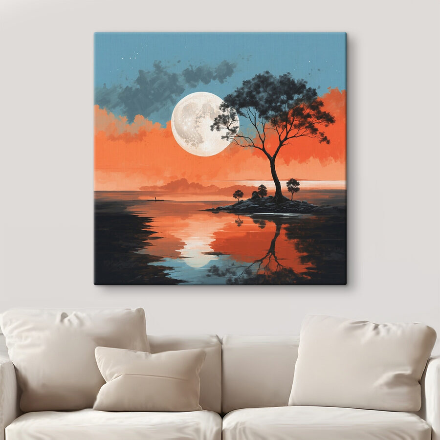 Baum auf einer Insel inmitten eines Gewässers mit Vollmond im Hintergrund