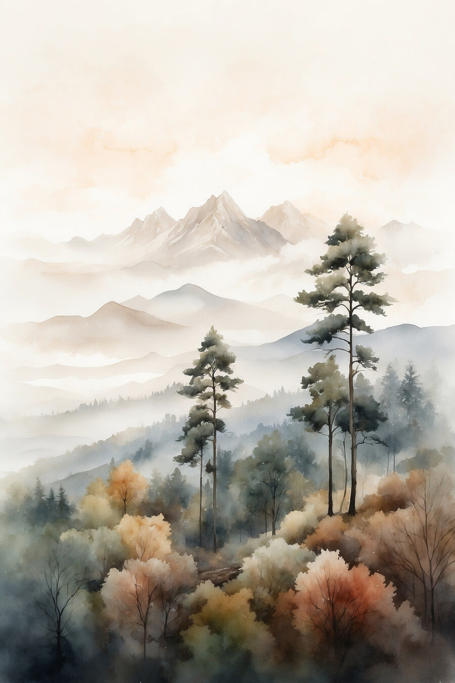 Aquarellmalerei von Bäumen und Bergen