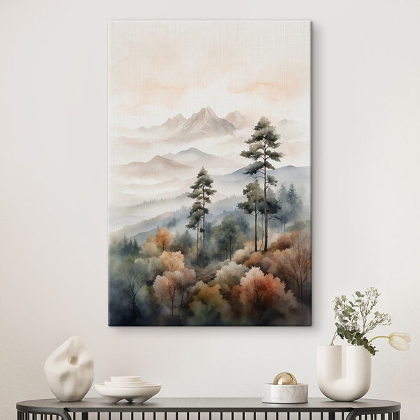 Aquarellmalerei von Bäumen und Bergen Aquarellmalerei von Bäumen und Bergen