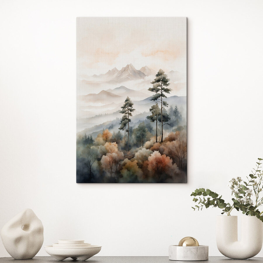 Aquarellmalerei von Bäumen und Bergen