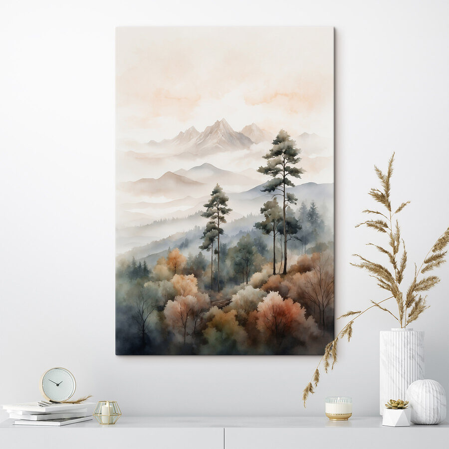 Aquarellmalerei von Bäumen und Bergen