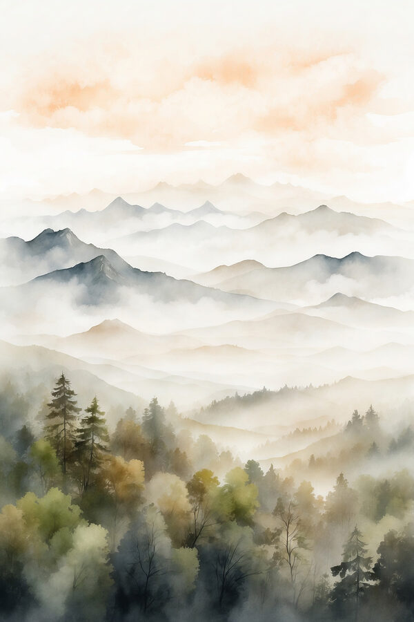 Aquarellmalerei von Bergen und Bäumen Aquarellmalerei von Bergen und Bäumen