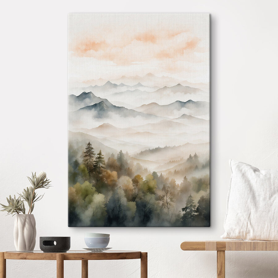 Aquarellmalerei von Bergen und Bäumen