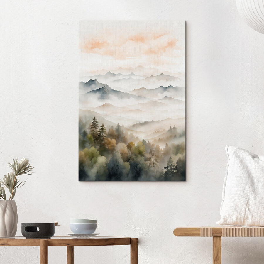Aquarellmalerei von Bergen und Bäumen